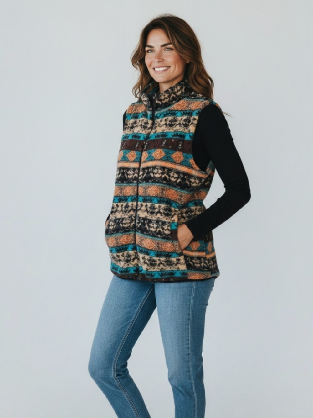Women's Patterned Zip Fleece Vest - Teal & Brown SZ L